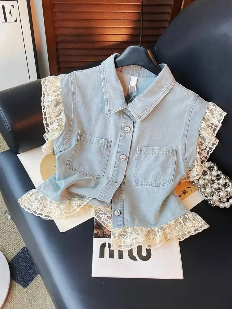 

Summer New Vintage Blue Denim Patchwork Lace Short Sleeved Slim Top Women Single Breasted Cardigan Short Tops Fashion Streetwear