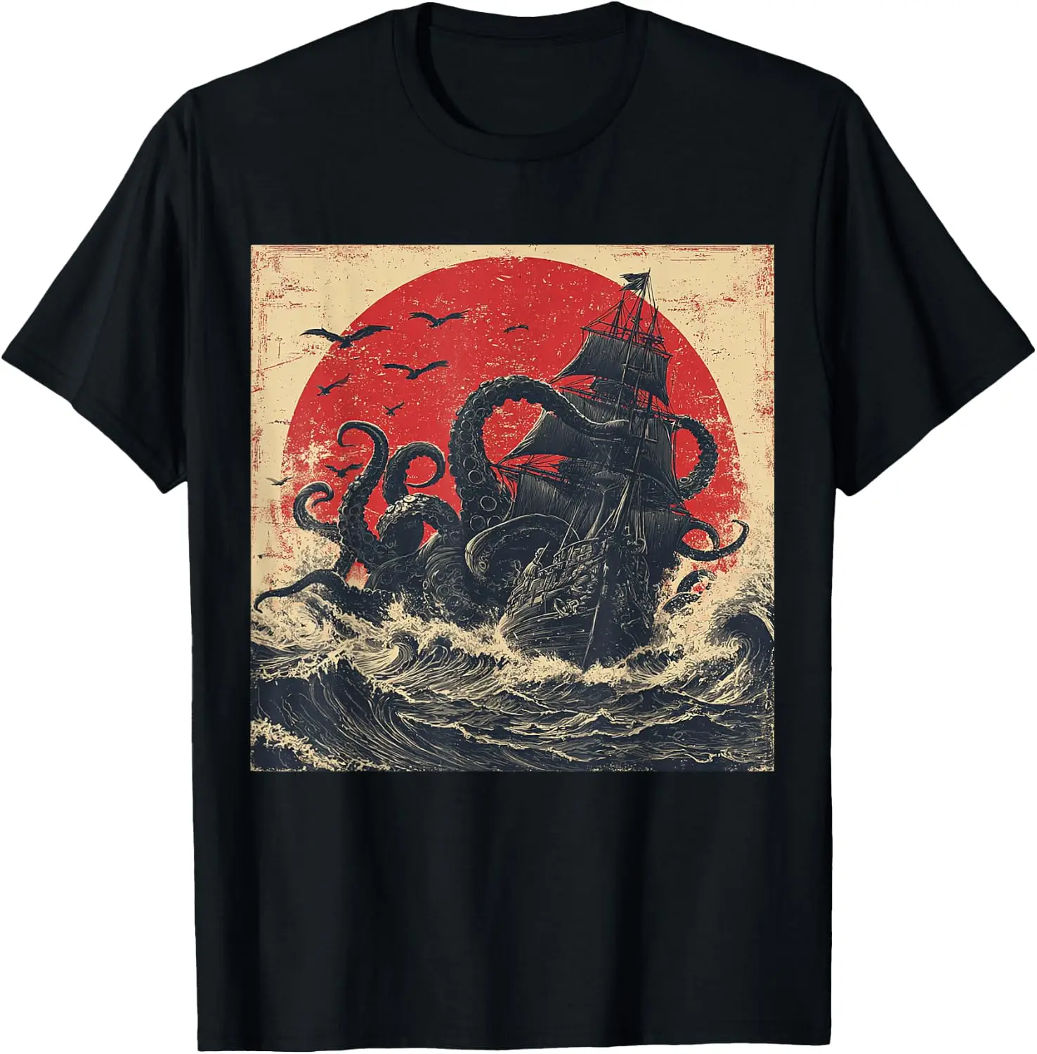Retro Vintage Kraken Giant Octopus Attacking Ship Tee T-Shirt