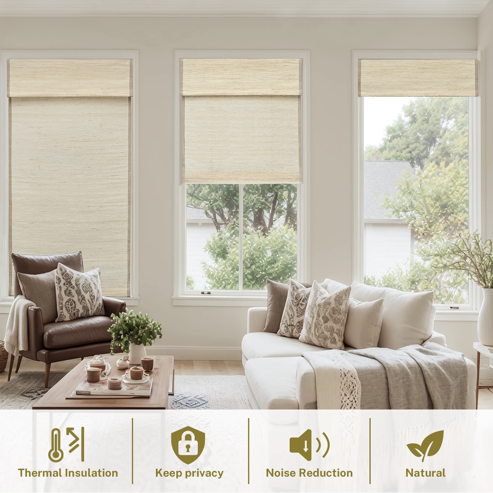 Moonice Cordless Roman Shades for Window Privacy Natural Woven Fabric Privacy Room Darkening Blackout Blinds Thermal Insulated