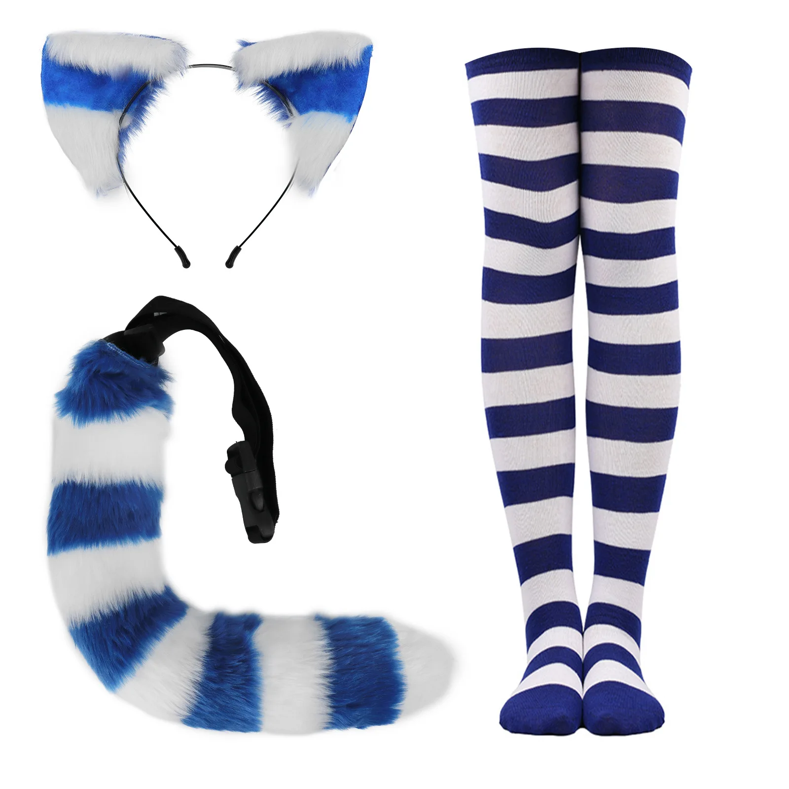

Simulation Cat Ear and Plush Tail Set Cosplay Beast Ear Hair Hoop Halloween Striped Stocking Accessories Comic Con Dress up Prop