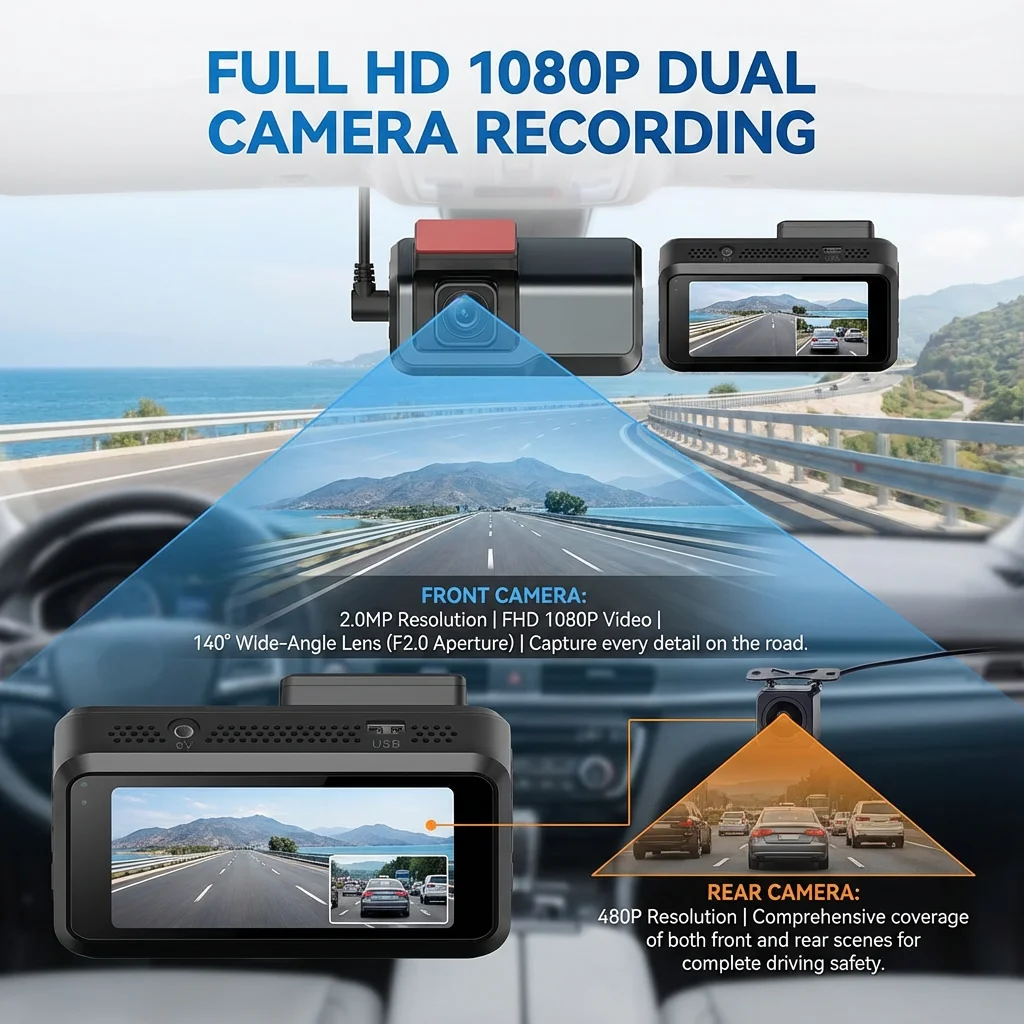 Bluavido FHD 1080P Dash Camera with Rear Camera - 3.0 Inch Car DVR with G-Sensor Motion detection Loop Recording Parking Monitor