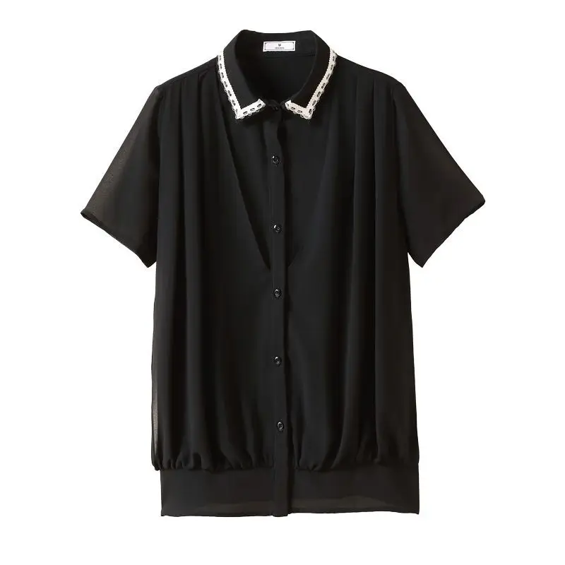 Womens Blouses New Arrival 2023 Summer Short Sleeve Polo Lapel Shirt Solid Color Button Lace Striped Fashion Elegant Casual Tops