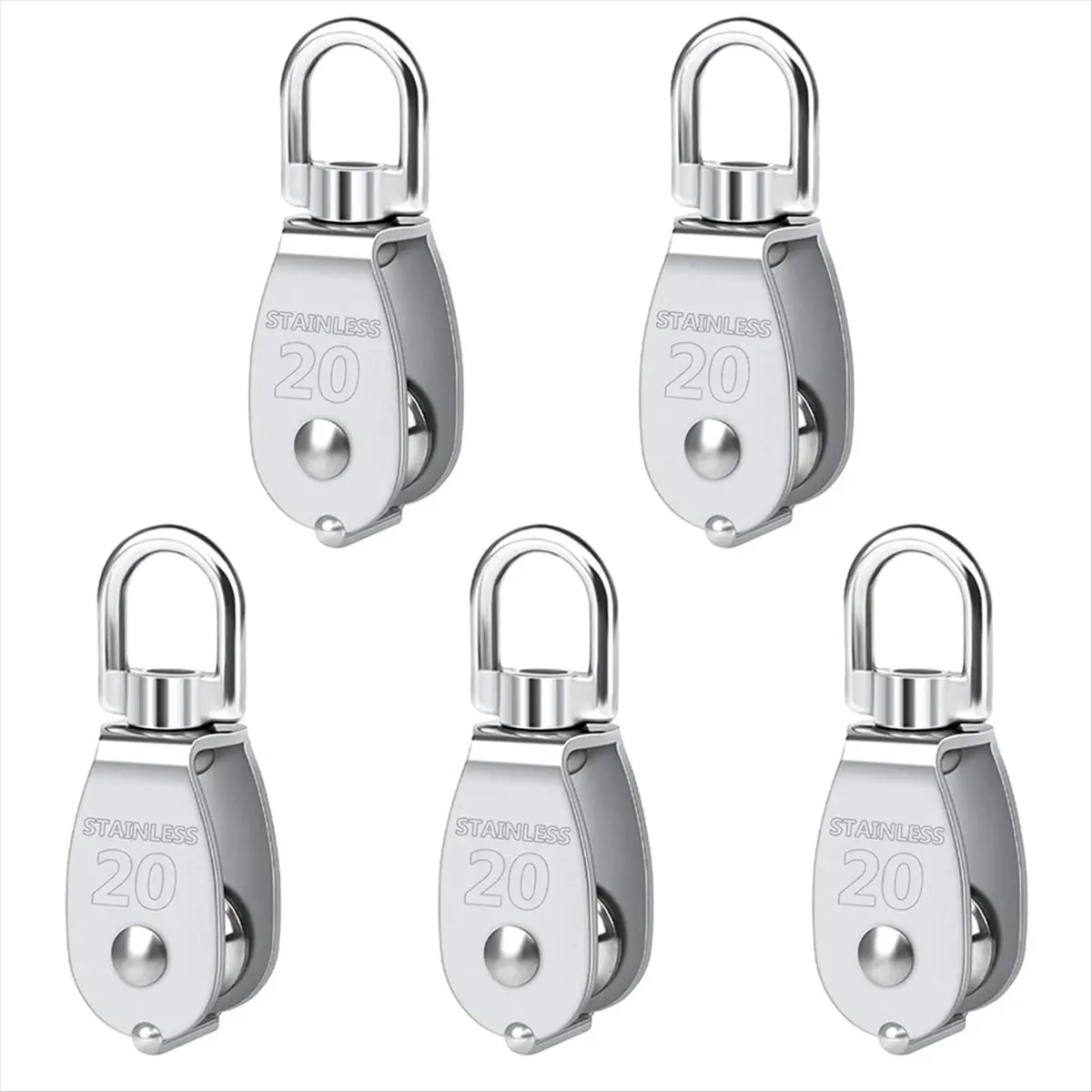 A013 Pulley 304 Stainless Steel Single Pulley Block M20 Small Heavy Duty Swivel Bearing Pulley System for Rigging,5Pack