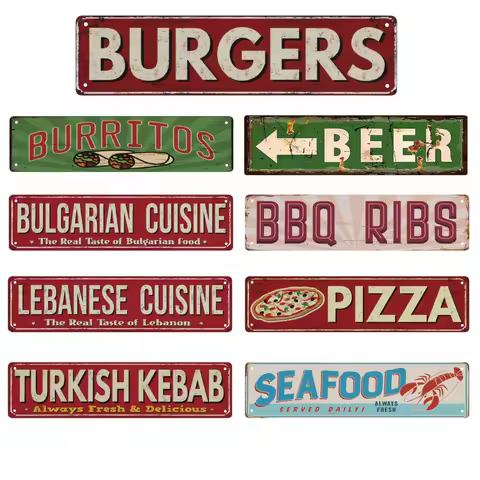 Alumínio Sinais engraçados para Home Decor, sinais de lata, hambúrgueres, churrasqueira, SEAFOOD,PIZZA, bar, clube, caverna, cozinha, arte da parede, 40x10cm