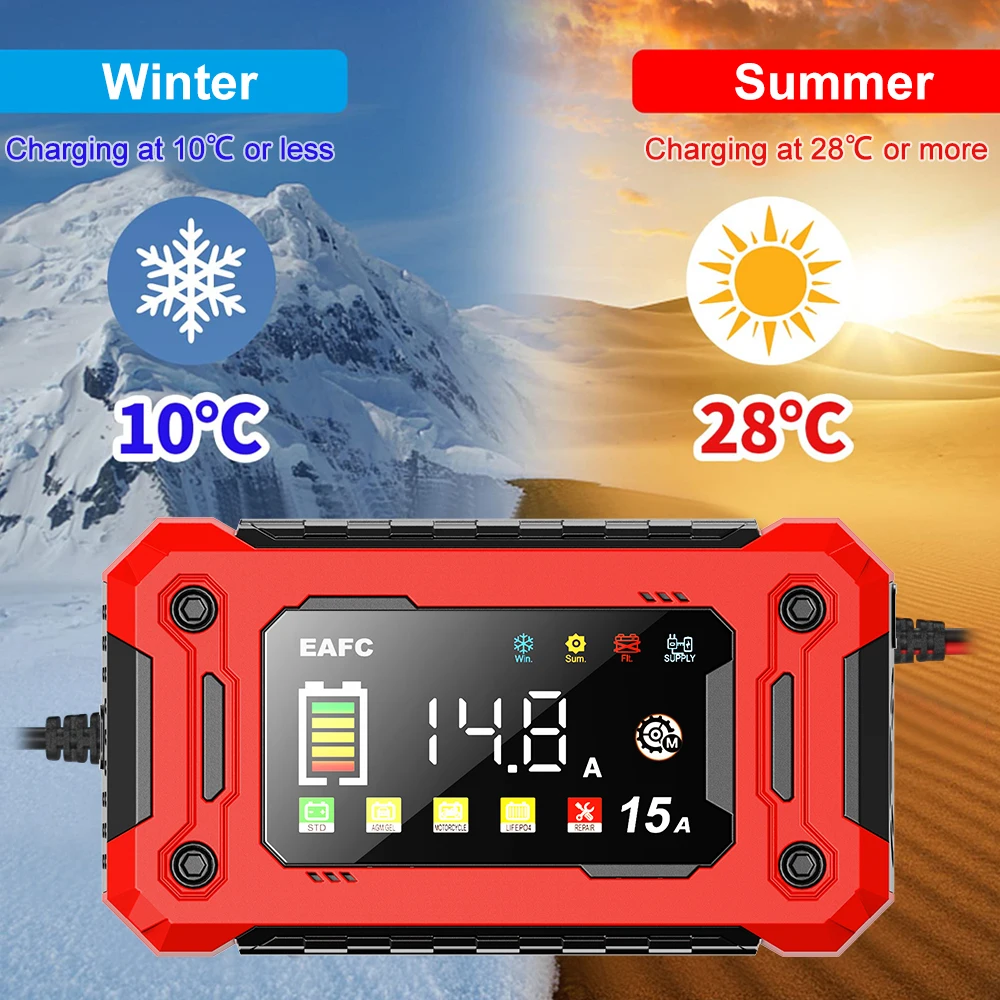 Nejnovější 12V nabíječka autobaterií 15A/8A pulzní oprava s velkým displejem, chytrá nabíječka pro auto, motocykl, olověné, kyselinové, AGM, gelové baterie - náhled 5