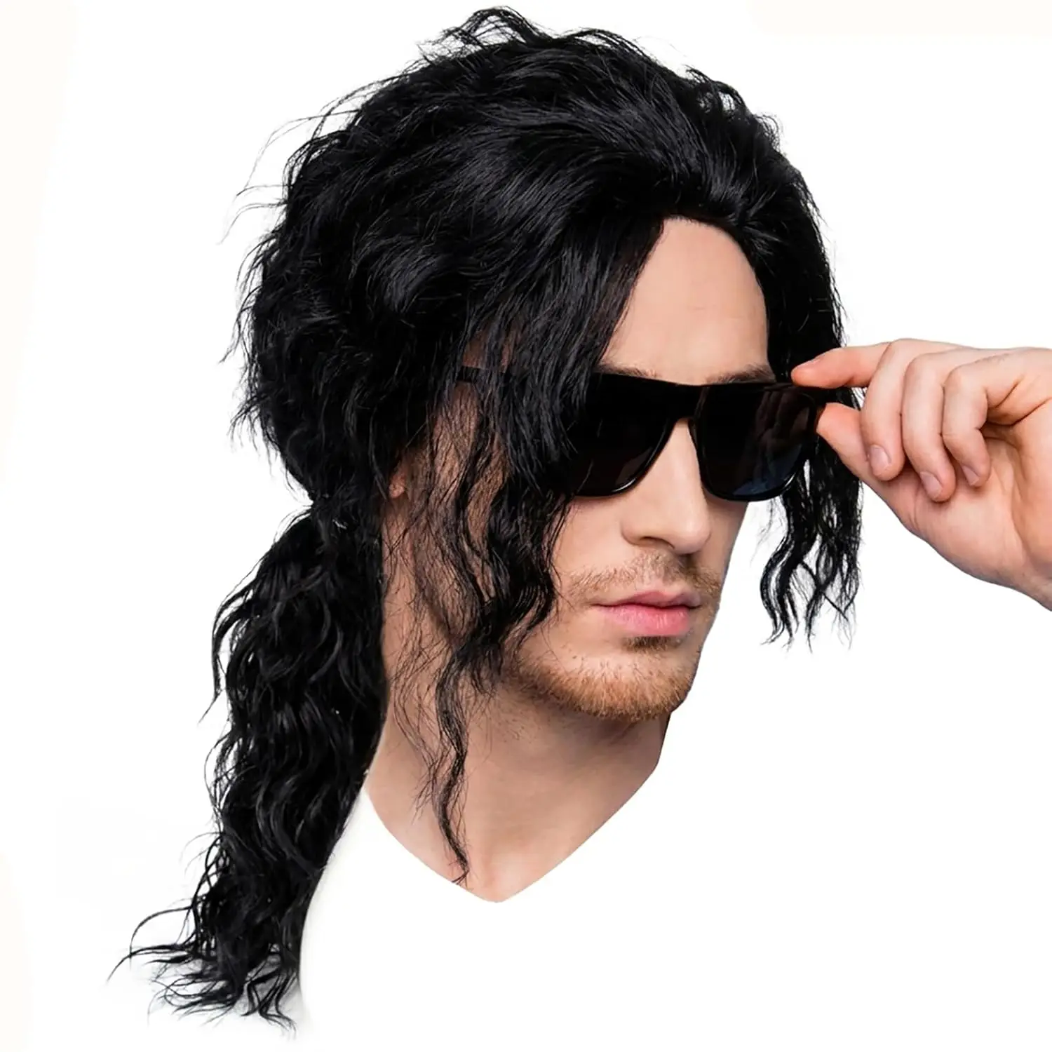 

Mens Black Mullet Wig 70s 80s Rocker Star Punk Hair Heat Resistant Synthetic Cosplay Costume Party Long Curly Black Wig