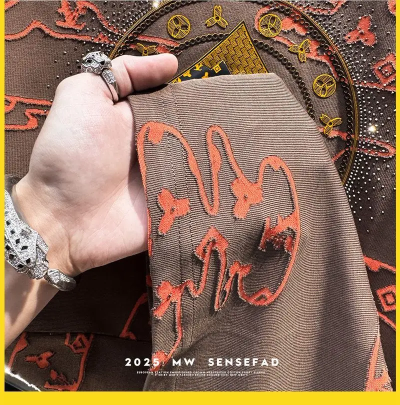 High-end burning flower hot diamond fashion short-sleeved t-shirt 2025 new summer loose European trendy brand half-sleeve