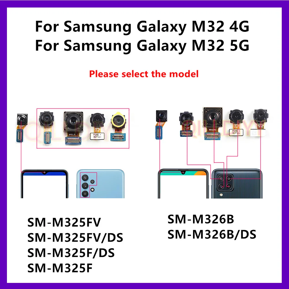 Módulo de cámara principal trasera grande para Samsung Galaxy M32 4G 5G M326 M325 piezas de reparación de cable flexible de cámara frontal pequeña
