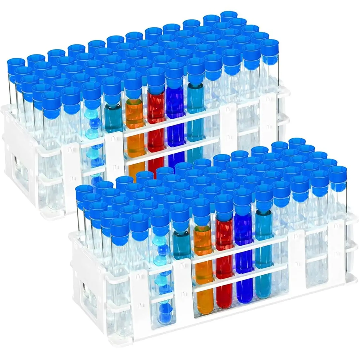 Budget-Friendly-120Pcs Plastic Test Tubes with Rack Set 16 X 100mm Test Tube with Caps and 60 Holes Tubes Rack for Scientific Ex