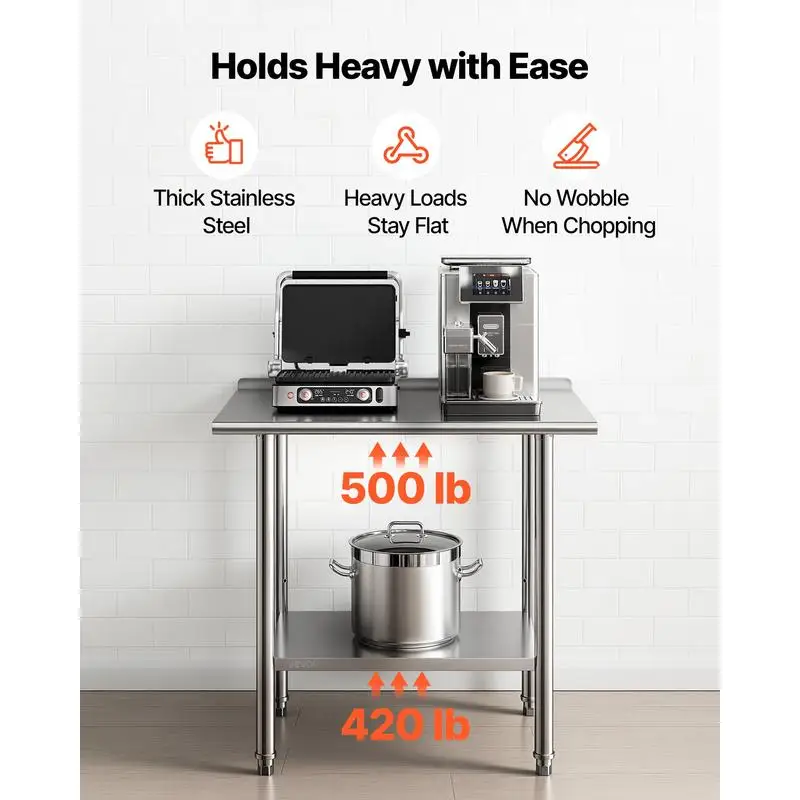 Stainless Steel Work Table, 24x36 Inch Food Prep Table with Backsplash, Commercial Kitchen Workstation with Adjustable Undershelf, Metal Heavy Duty Utility Worktable, for Restaurant Home Outdoor - view 5