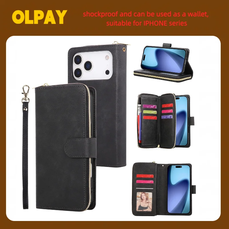 

OLPAY Leather Wallet Phone Case For Iphone Air 17ProMax 17 16E 16ProMax 16 15Pro 14Pro 13 12 11 7 8 XSmax XR With Cash Card Slot
