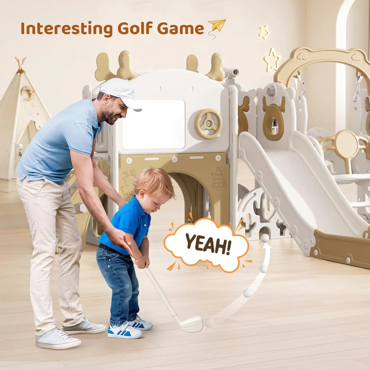 Slide e balanço para crianças pequenas, conjunto de jogos 11 em 1 com escorregador infantil, prancheta, conjunto de golfe, cesta de basquete e espaço de armazenamento para