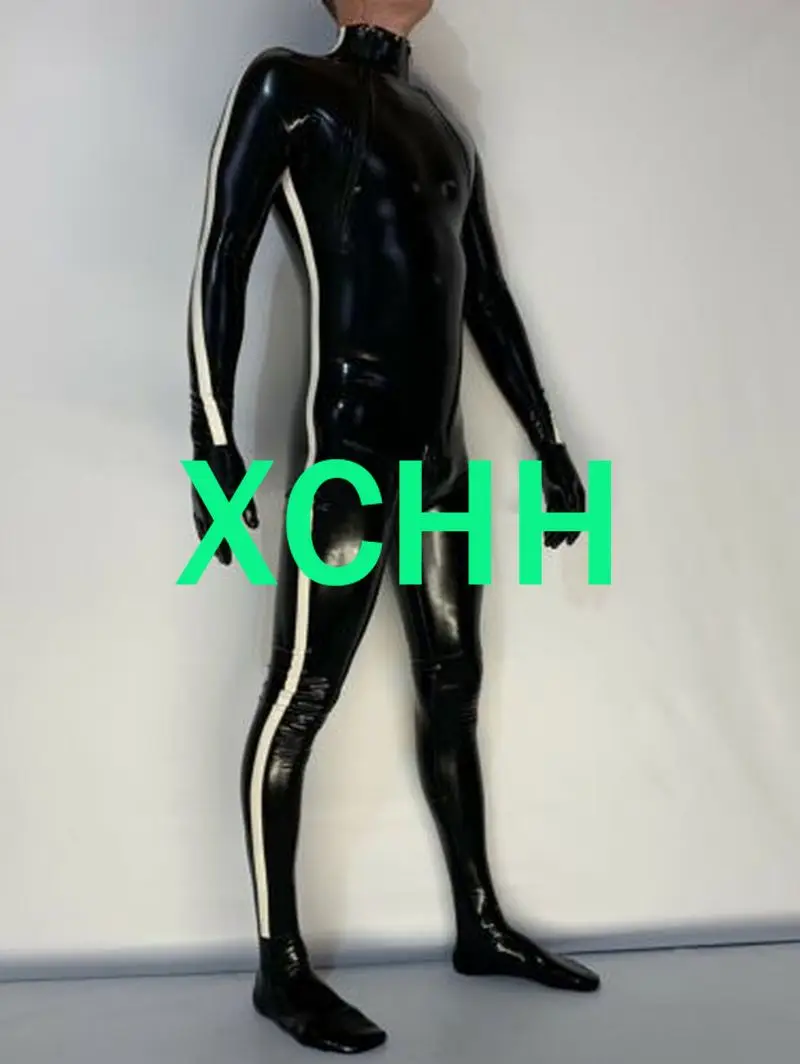 

Sexy Latex Man Body Catsuit with Gloves&socks with White Strips Back Zippers