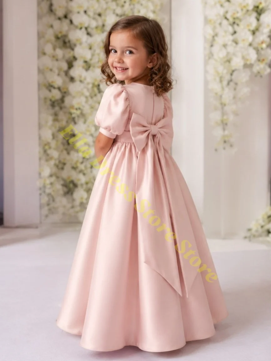 Großhandel Elegantes Blumenmädchenkleid Hochwertiger Rosa Satin Flauschige Große Schleife für Kinder Hochzeit Geburtstag Party Abendballkleider Maßanfertigung – Detail 4
