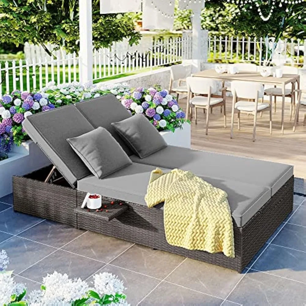 

Outdoor Patio Rattan Wicker Daybed with Adjustable 2 Modes Backrest and Seat &Cushion, Double Reclining Lounge Chair Loung