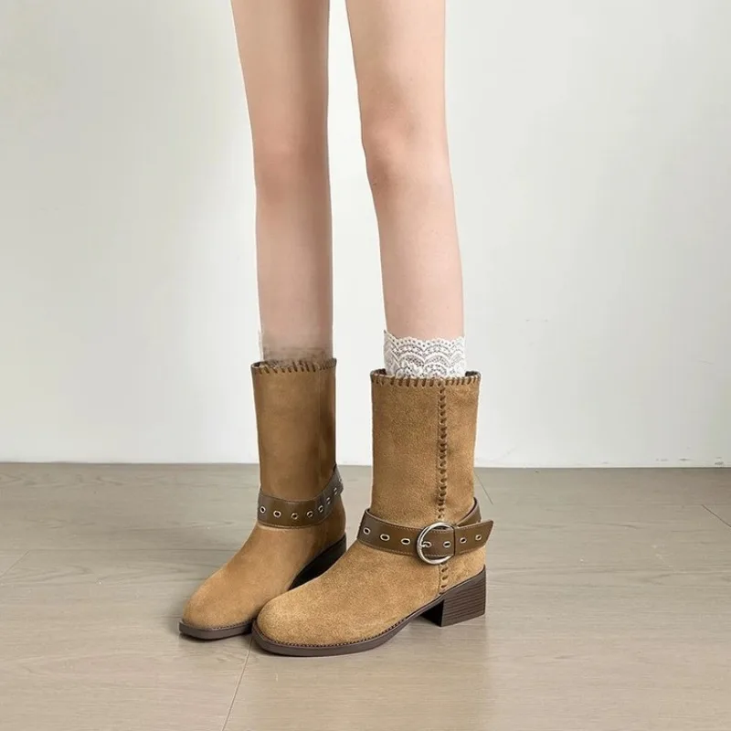 كتلة كعب أحذية واحدة المرأة موضة ساحة تو الجلد المدبوغ مشبك معدني سيارة غرزة المضادة للانزلاق مقاومة للاهتراء منتصف أنبوب الأحذية #5