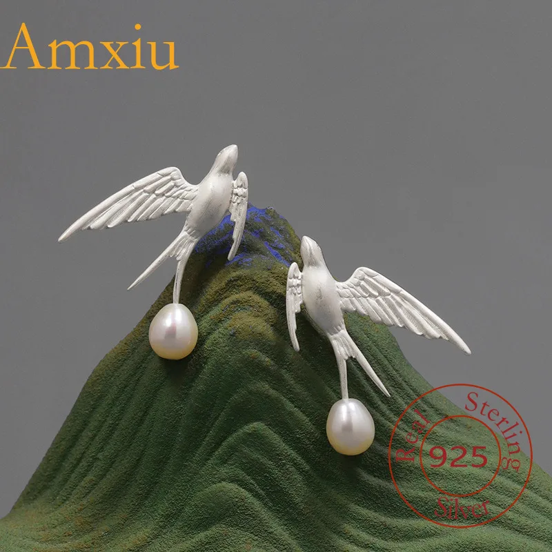 Amxiu Sterling Silver 925  New Chinese Style Natural Series Flying Swallow Pearl Artistic Niche Design Earrings