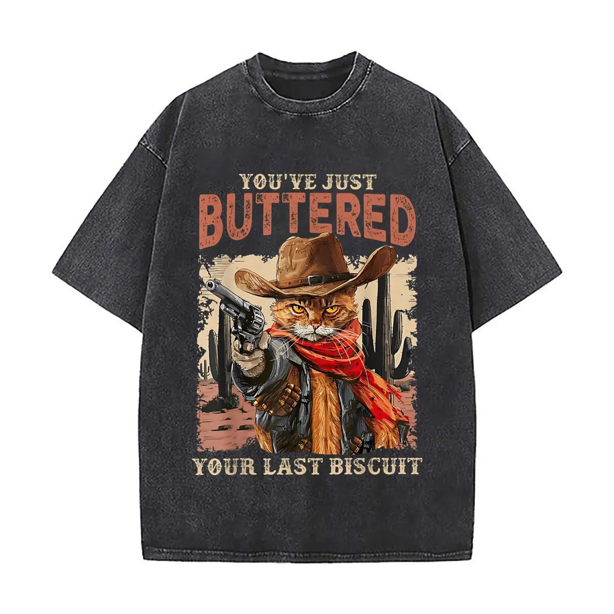 Vintage Buttered Biscuit Cowboy Cat Washed Vintage Short Sleeve Loose Streetwear Tee