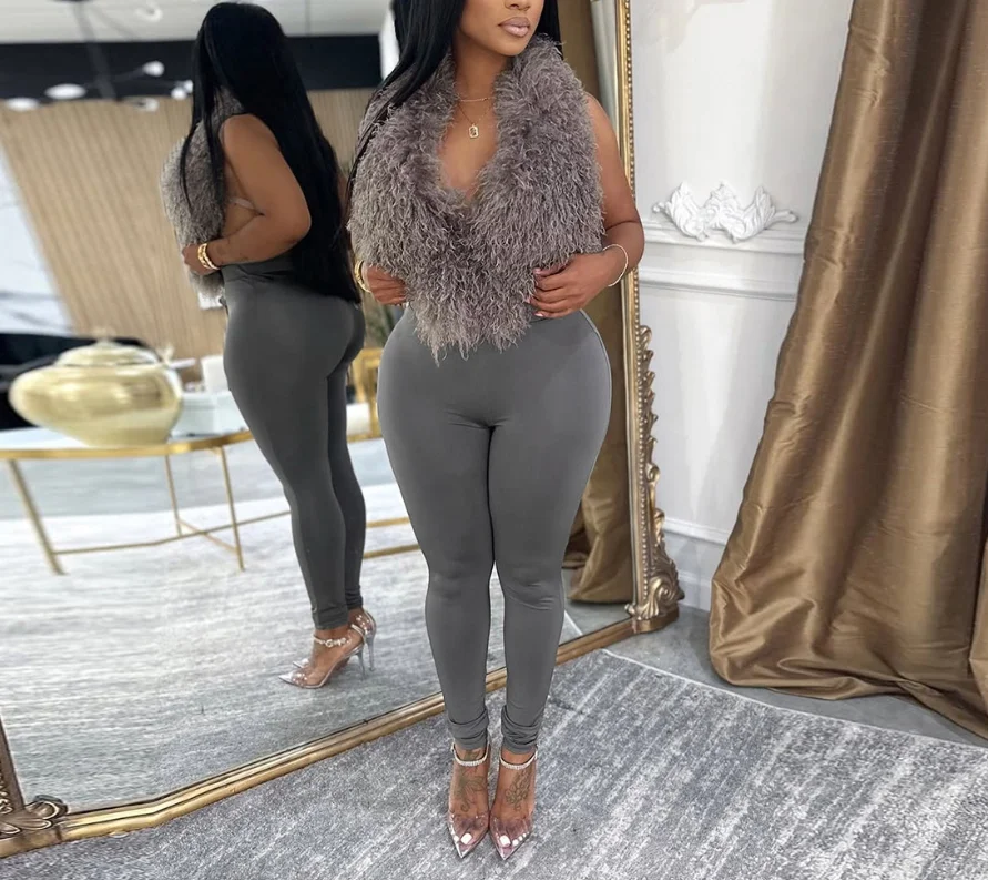 

Slim Fit Sexy Women's Set Summer New Fashionable and Personalized Fur Collar Backless Vest and High Waisted Leggings Set