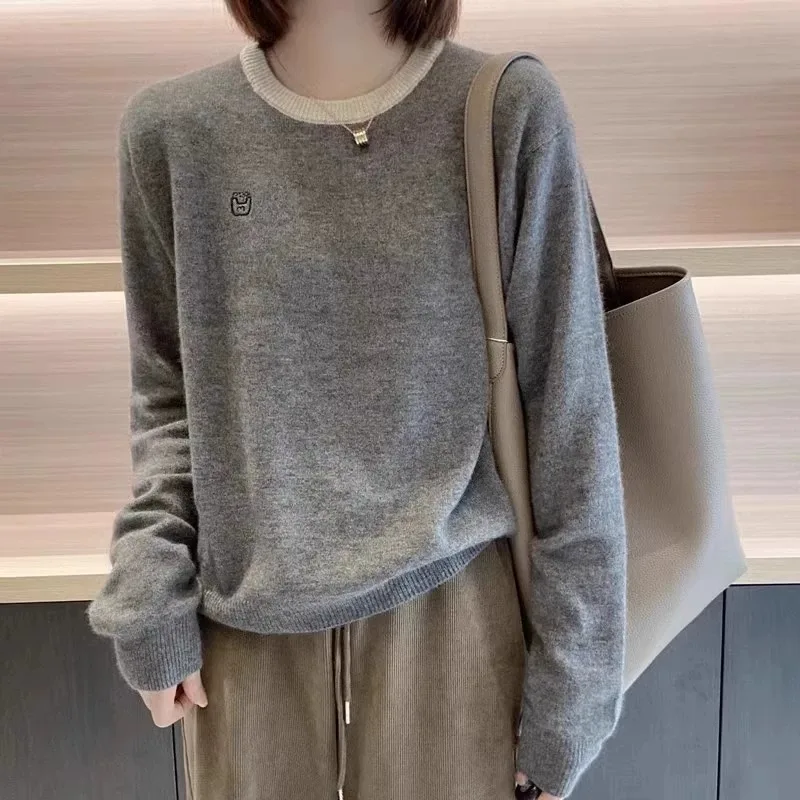 

Faionable Versatile Embroidered round Ne Camere Knitwear Women's Spring Autumn Loose Sweater Color Blo Wool Base irt