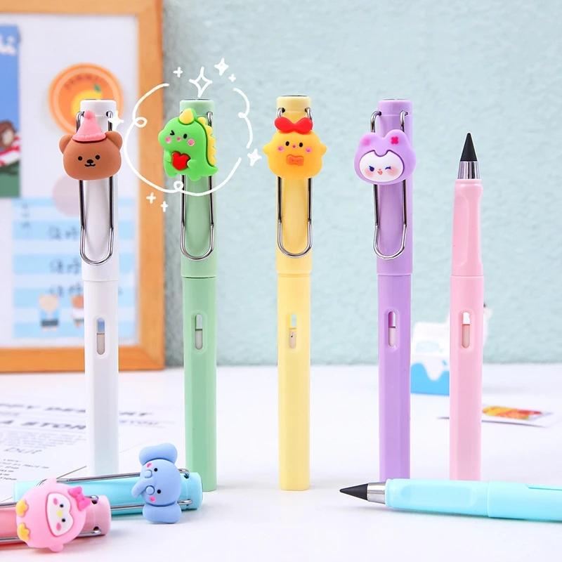 Everlasting Pencil, Eraser Inside, Cute Cartoon Replaceable Head Infinite Ink Inkless School Reusable Unlimited Writing Pen