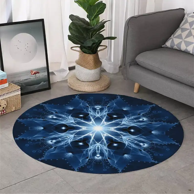 Galaxy Wormhole Round Area Rug Electric Blue Mandala Round Carpet Celtic Rug Growling Fire Wolf Mat Carpets for Living Room