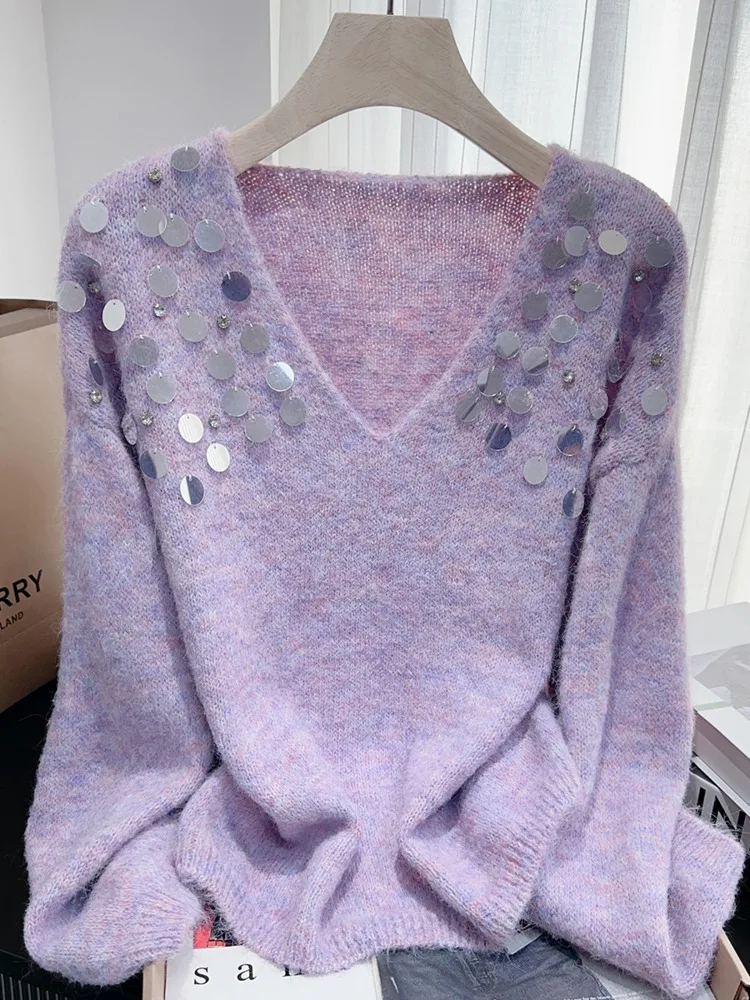 

Heavy Sequin Embellished V-Neck Pullover Lazy Sweater Autumn Winter New Loose Niche Slimming Knitted Top Japanese Streetwear