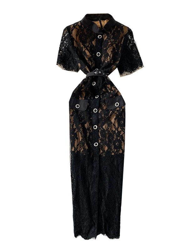 تنورة Ele Lace بقصة ضيقة طويلة Dr للسيدات للخريف بخصر عالٍ وأزرار وياقة واقفة فاخرة تنورة على شكل حرف a من Sle ort Sve