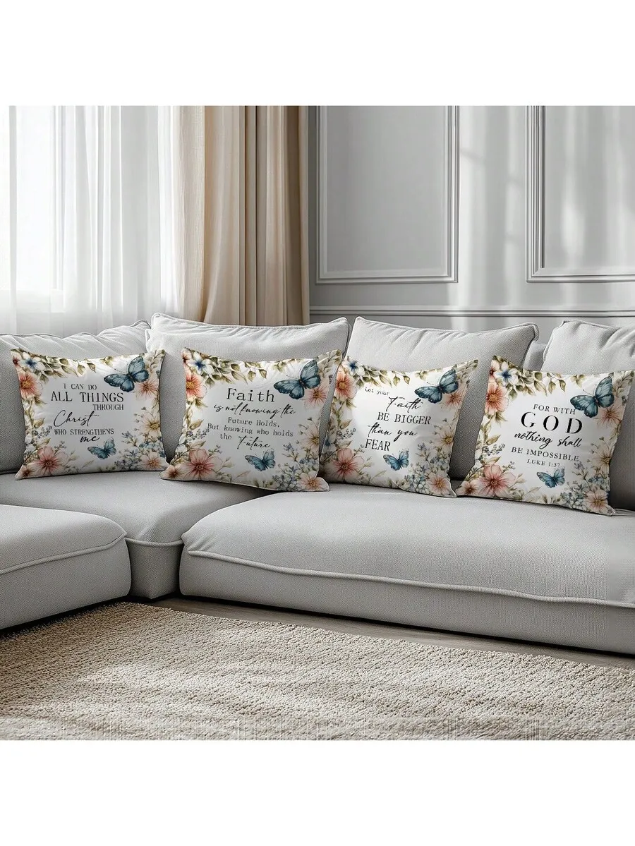 4pcs Minimalist Inspirational Bible Verse Printed Pillow Covers, Soft Peach Velvet Fabric, 45*45/50*50/40*40CM Cushion Covers