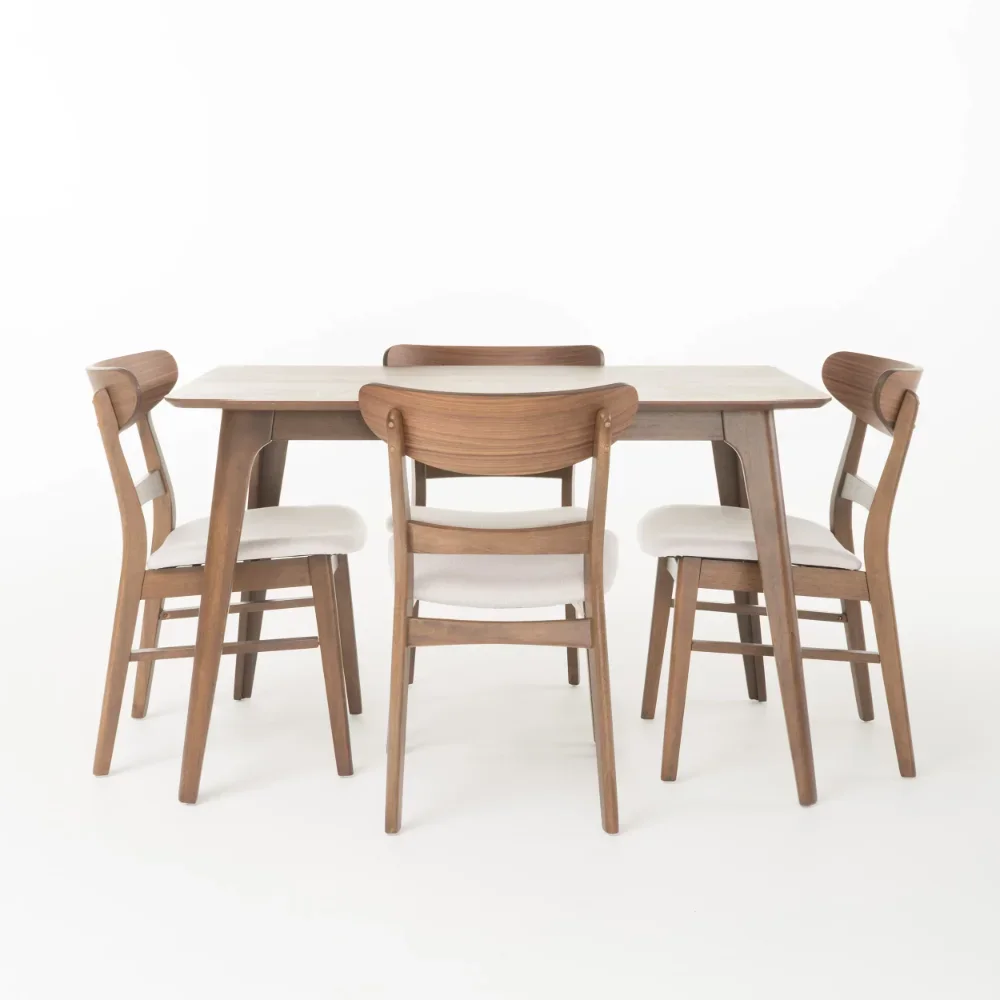 Noble House Lydia Mid-Century Modern 5 Pieces Dining Set, Light Beige and Natural Walnut