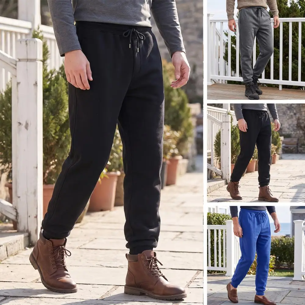 Windproof Thermal Track Pants Men's Fleece Lined Joggers Thickened Sweatpants with Ribbed Cuffs Warm for Outdoor for Winter