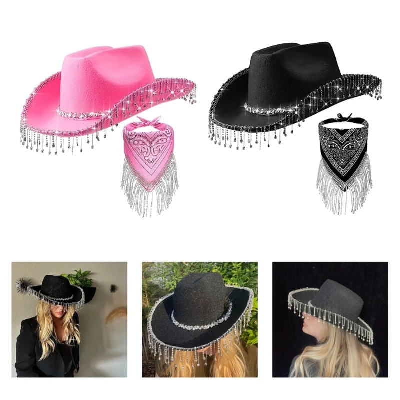 

Fringed Cowboy Hat & Scarf Costume Set Western Costume Cowgirl Hat Musical Festival Dress Up Bachelorette Party Costume