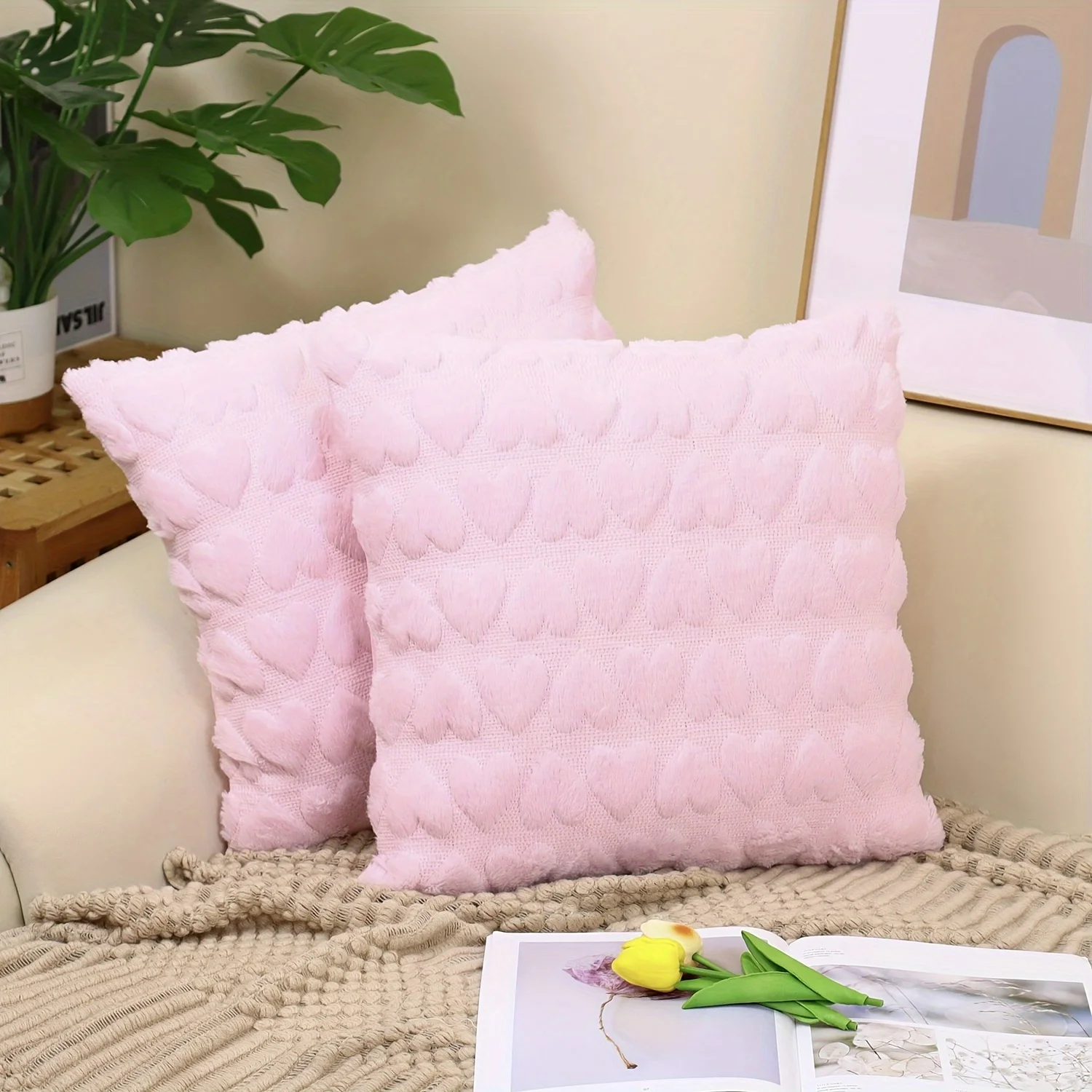 2pcs Solid Color Love Heart Cute Plush Throw Pillow Cover Cushion Cover 45x45 cm