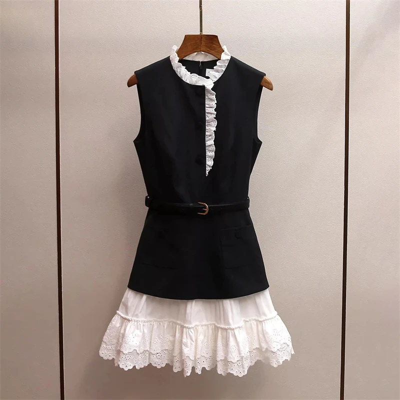 

Новое летнее женское платье без рукавов с кружевной отделкой и рюшами в стиле Y2K, высококачественное модное мини-платье в стиле High Street Preppy, облегающее, мини-длина