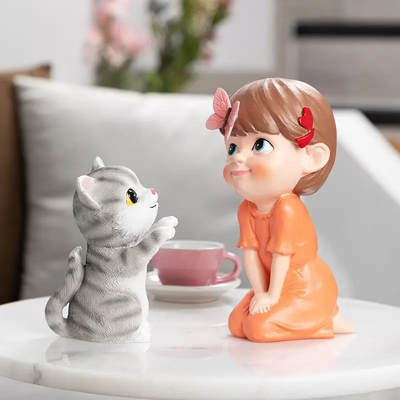 

Creative Cat Girl Resin Adornment Children's Room Sculpture Crafts Living Room Cabinet Figurines Decoration Girl's Birthday Gift