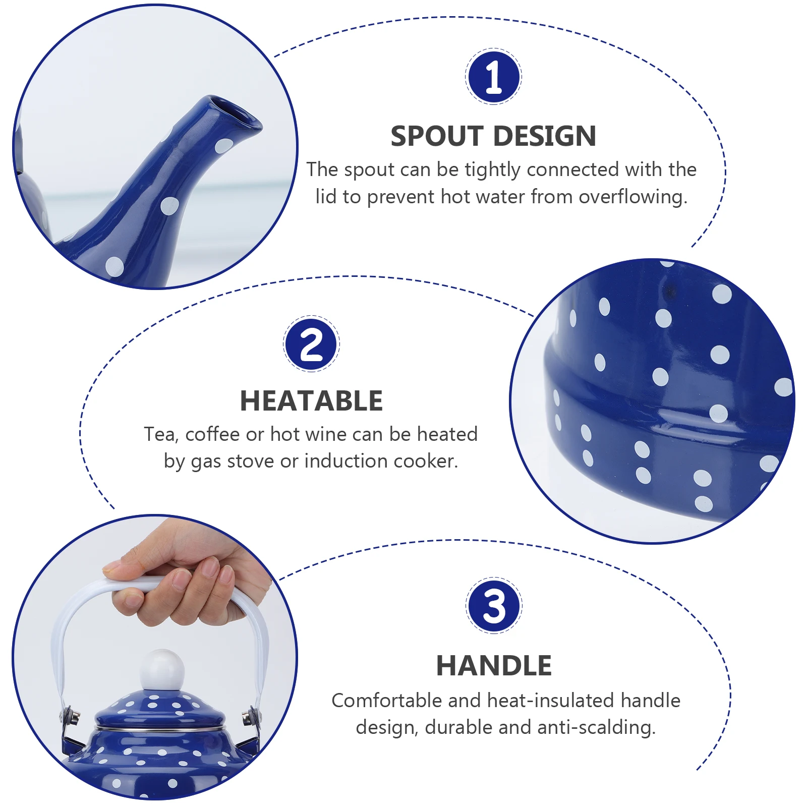 

1Pcs Enameled Tea Pot with Steel Handle No Harmful Substances Released Heating Water Kettle for Household Kitchen Creative Dot