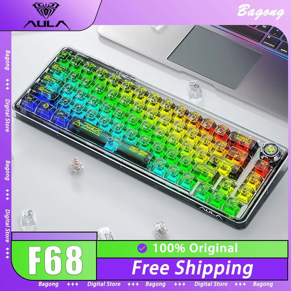 

AULA F68 Mechanical Keyboard Multifunctional Knob Three Mode RGB Gaming Keyboard Hot Swap Gasket Long Battery Life Pc Gamer Win