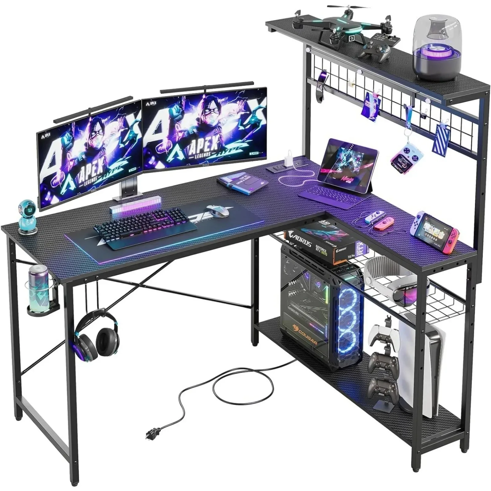 

US Shaped Gaming Desk with Power Outlets, 51 inch Large LED Computer Desk Re