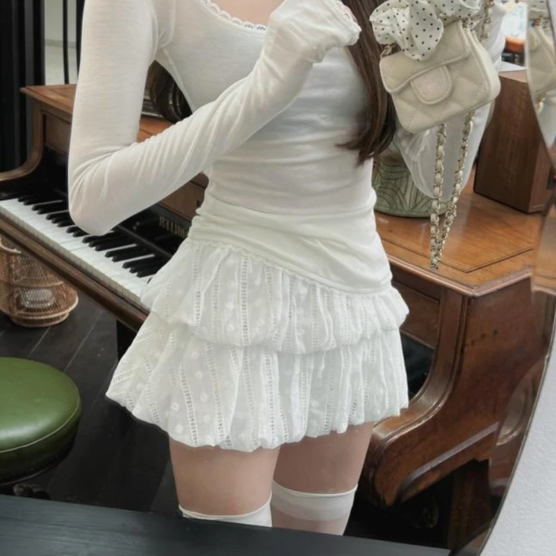 HOUZHOU Coquette White Skirt Women Summer Y2k Lace Patchwork Sexy High Waist A-line Cute Kawaii Korean Tutu Mini Skirt Fairycore