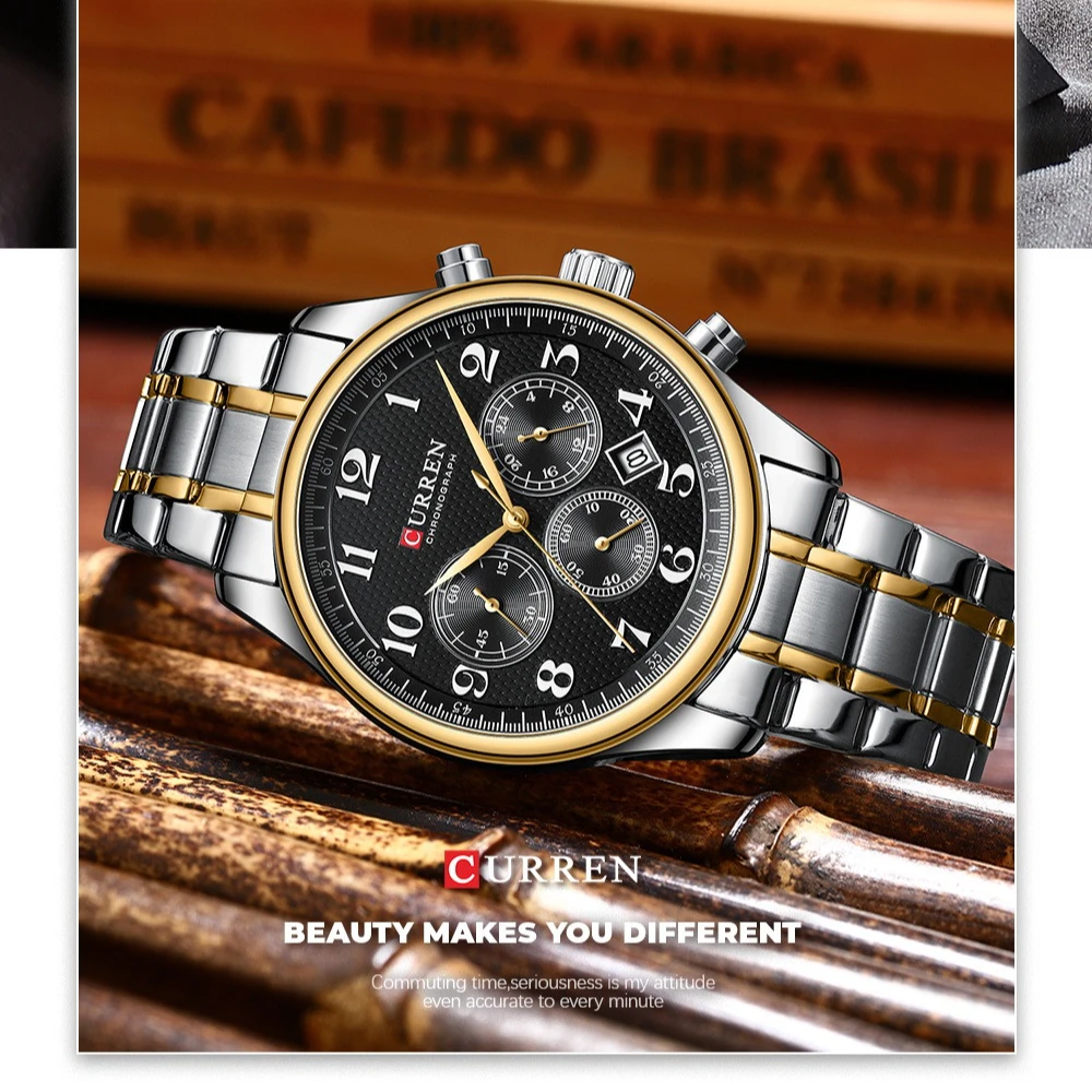 Curren 8466 Luxury Men's Watch Steel Strip Quartz Waterproof Calendar Chronograph Luminous Watches for Men Relogios Masculino