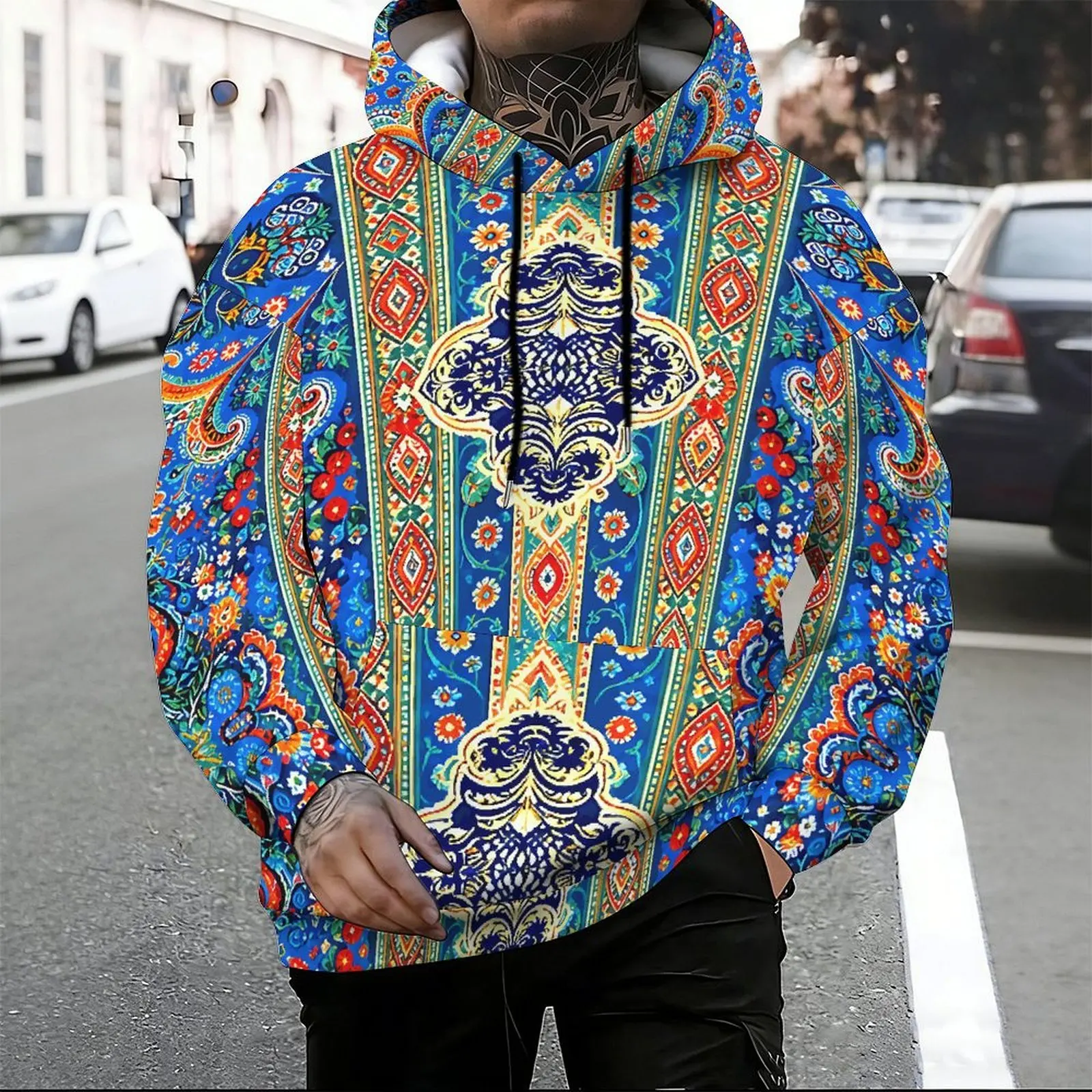 Men Blue Dominant Ethnic Paisley Floral Geometric Printed Long Sleeve Pullover Hoodie