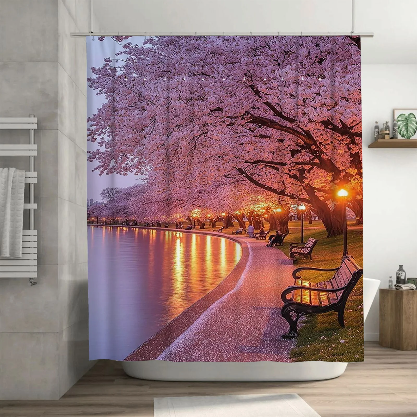 

Водонепроницаемая занавеска для душа Cherry Blossom Path by the Lake, термостойкая, можно стирать в машине, непрозрачная, 180x180 см