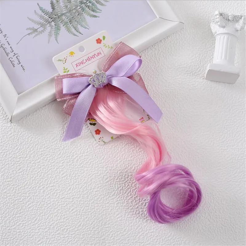 Glitter Candy Color Wig Ponytail for Girl Sweet Princess Shiny Bow Wig Braided Hairpin Cute Kids Hair Styling Headwear