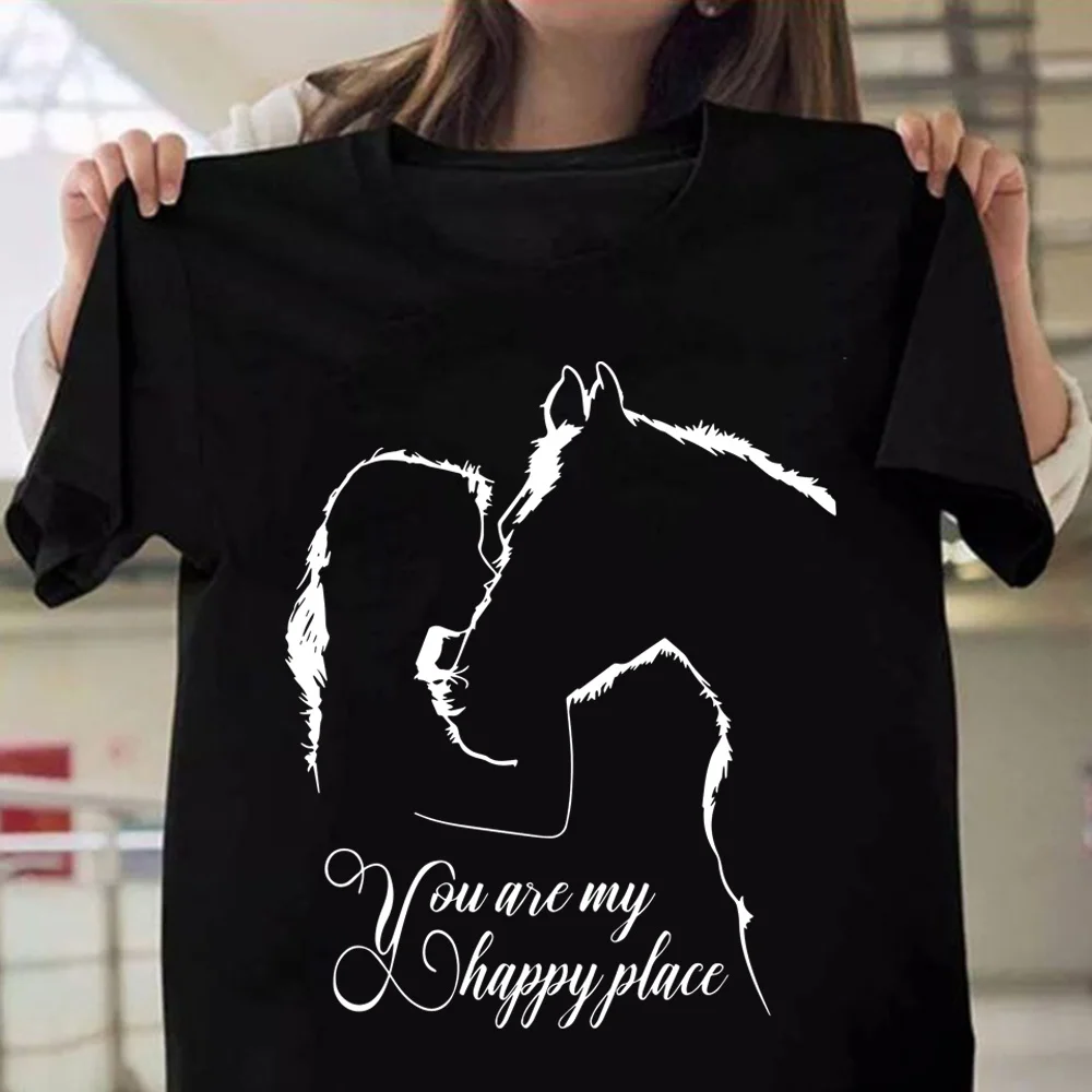 

Funny Horse And Girl You Are My Happy Place Print T-shirts Summer Short Sleeve Tee Shirts For Women Round Neck