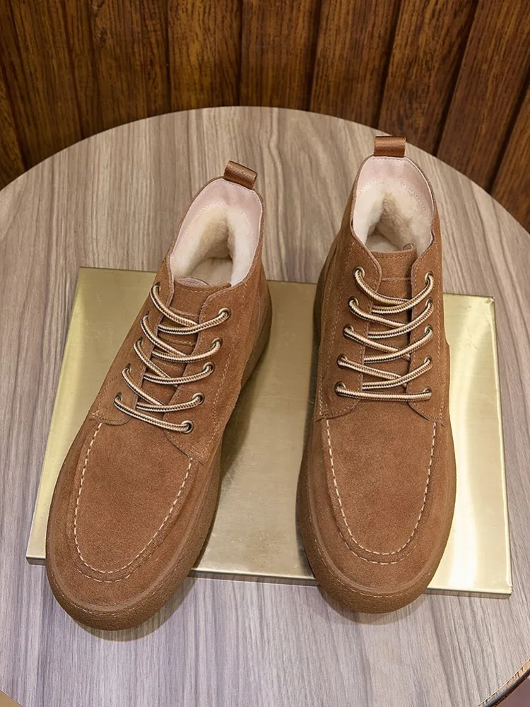 Vintage Winter Thicken Warm Wool Liner Mens Snow Boots Comfortable Platform High Top Shoes Casual Genuine Leather Short Boots