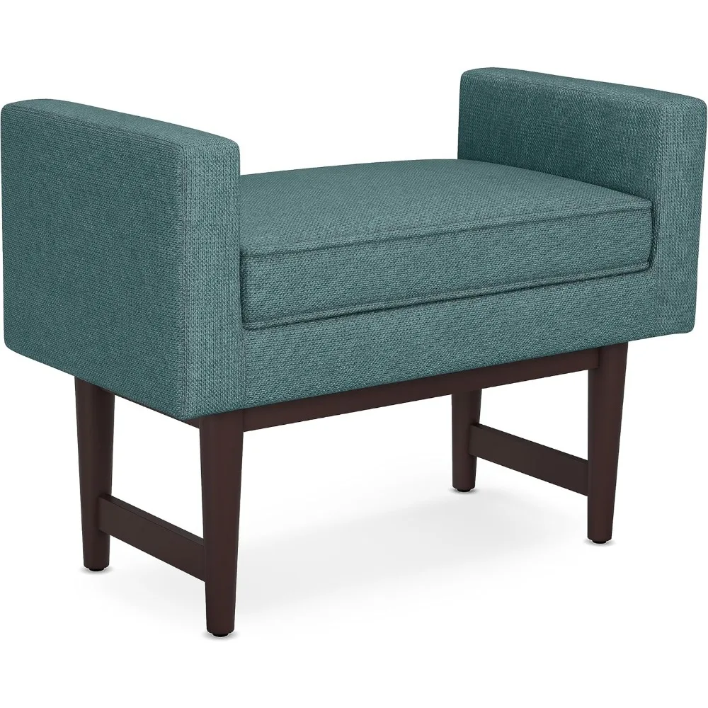 29 inch Wide Contemporary Rectangle Small Ottoman Bench in Smoky Teal Linen Fabric, Assembled