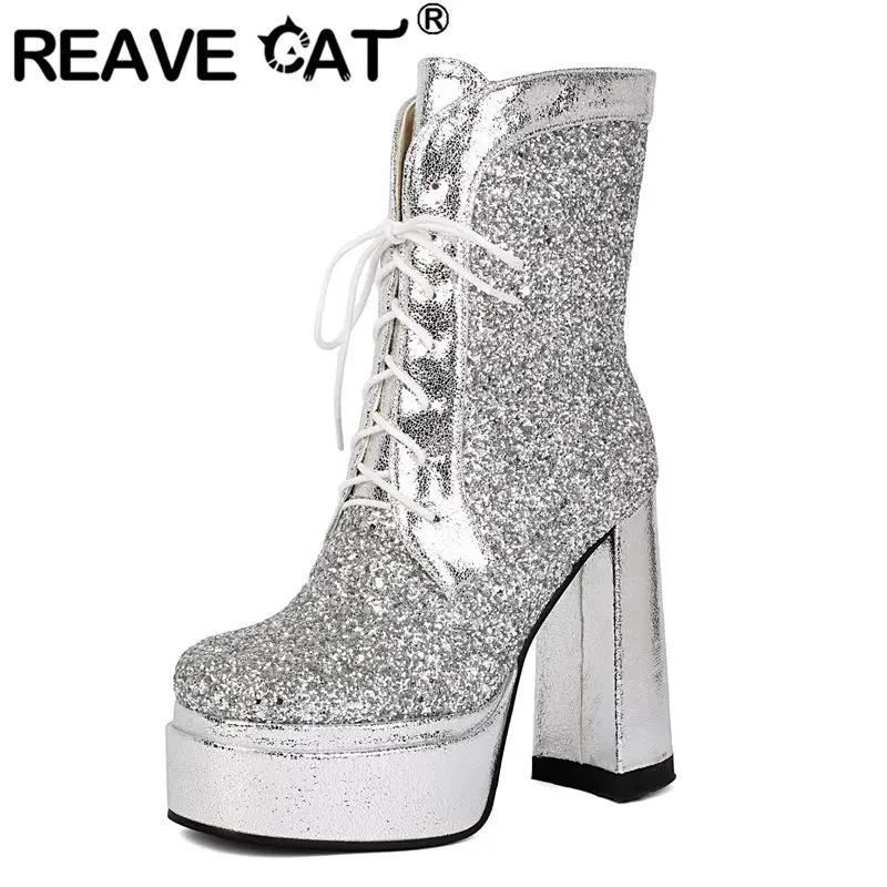 

REAVE CAT Red Sequin Women Ankle Boots Square Toe 13cm Chunky Heels 4.5cm Platform Hill Lace Up Sexy Banquet Bling Short Booties