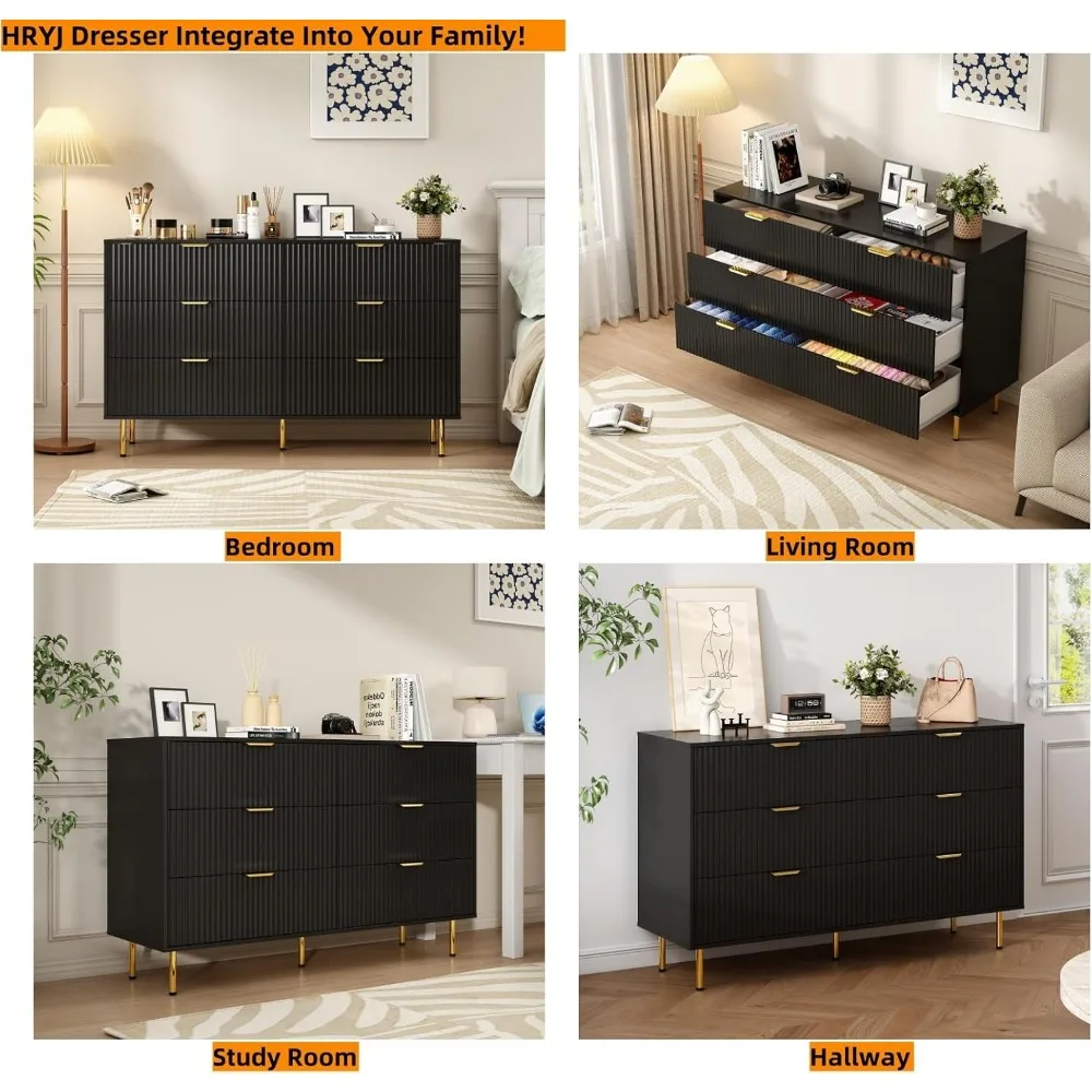 خزانة عريضة حديثة ذات 6 أدراج لغرفة النوم، منظم تخزين خشبي بتصميم مخدد