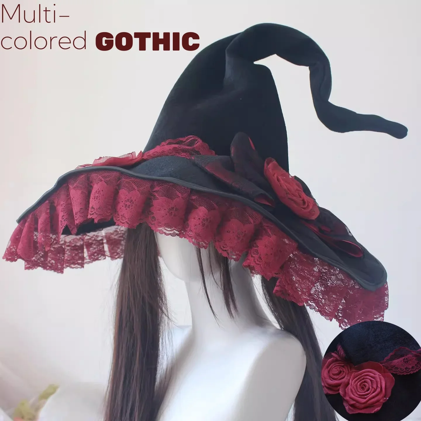 IMU Multi-colored Large Magic Hat Retro Handmade Gothic Rose Lace Witch Hat Halloween Lolita Cosplay Gorgeous Flat Hat