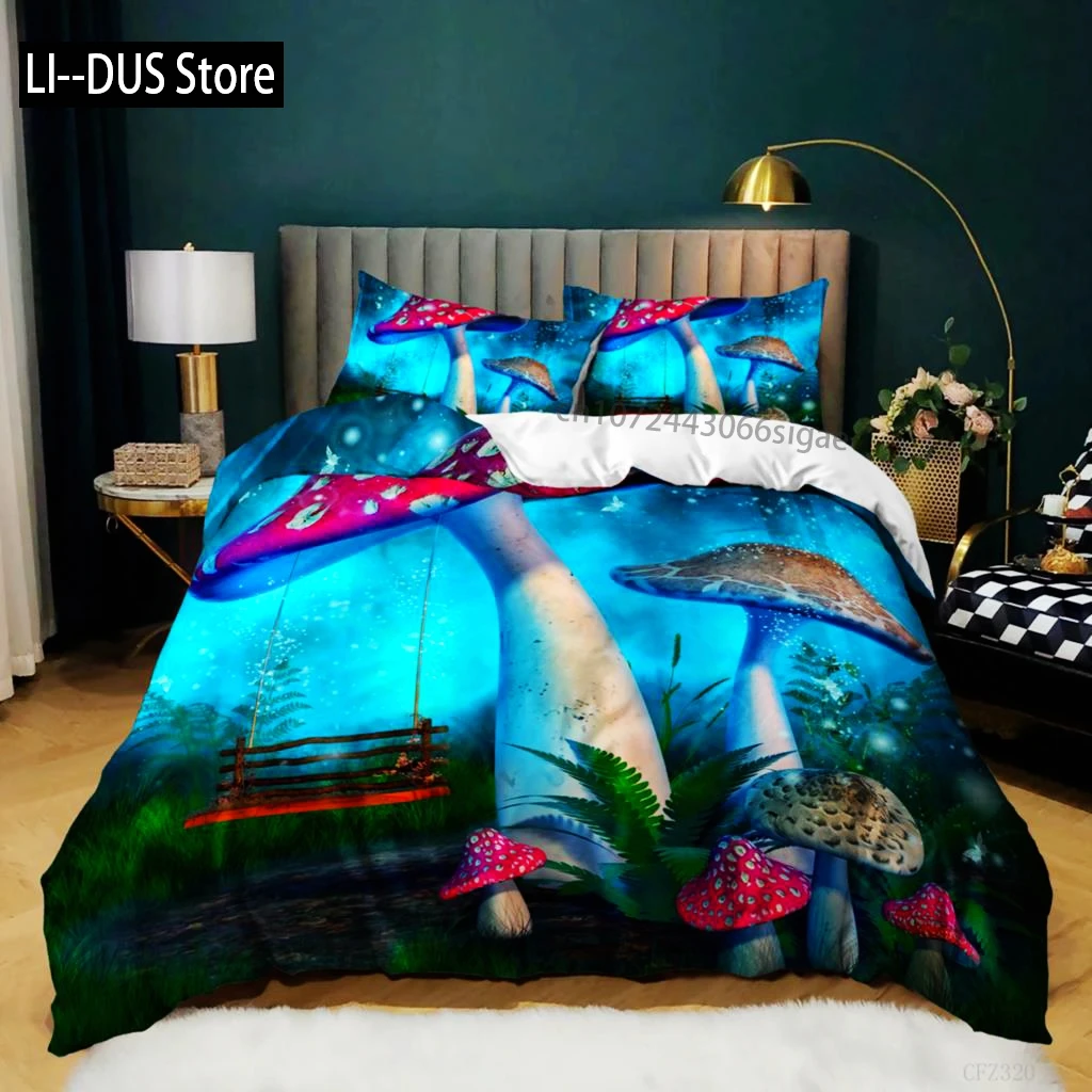 

Mushroom Duvet Cover Set Queen Size Microfiber Mushrooms Ornate Doodles With Swirls Eyes Psychedelic Botany Bdding Set For Teens